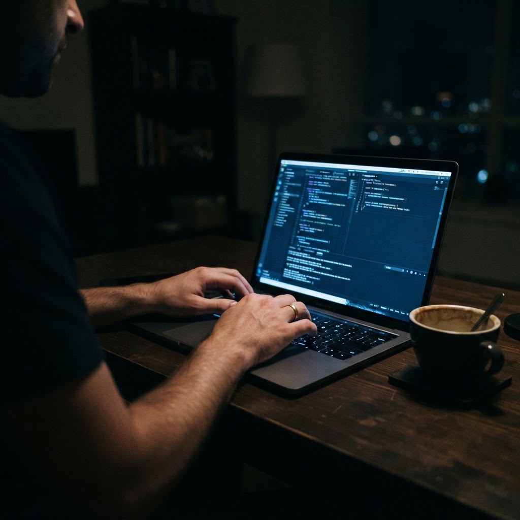 Hands typing on a laptop at night with a coffee cup nearby