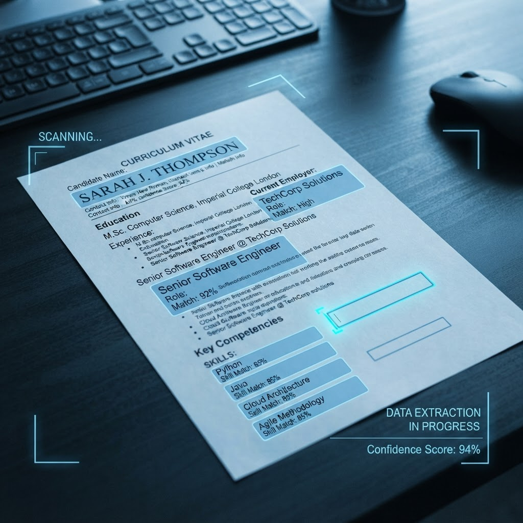 A printed CV being processed by automated screening software