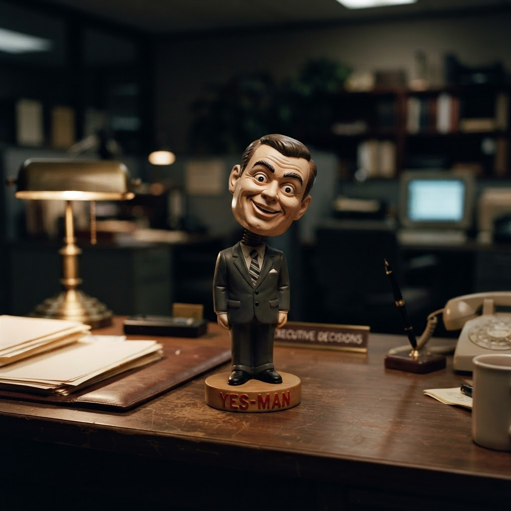 A vintage bobblehead yes-man doll on a corporate desk