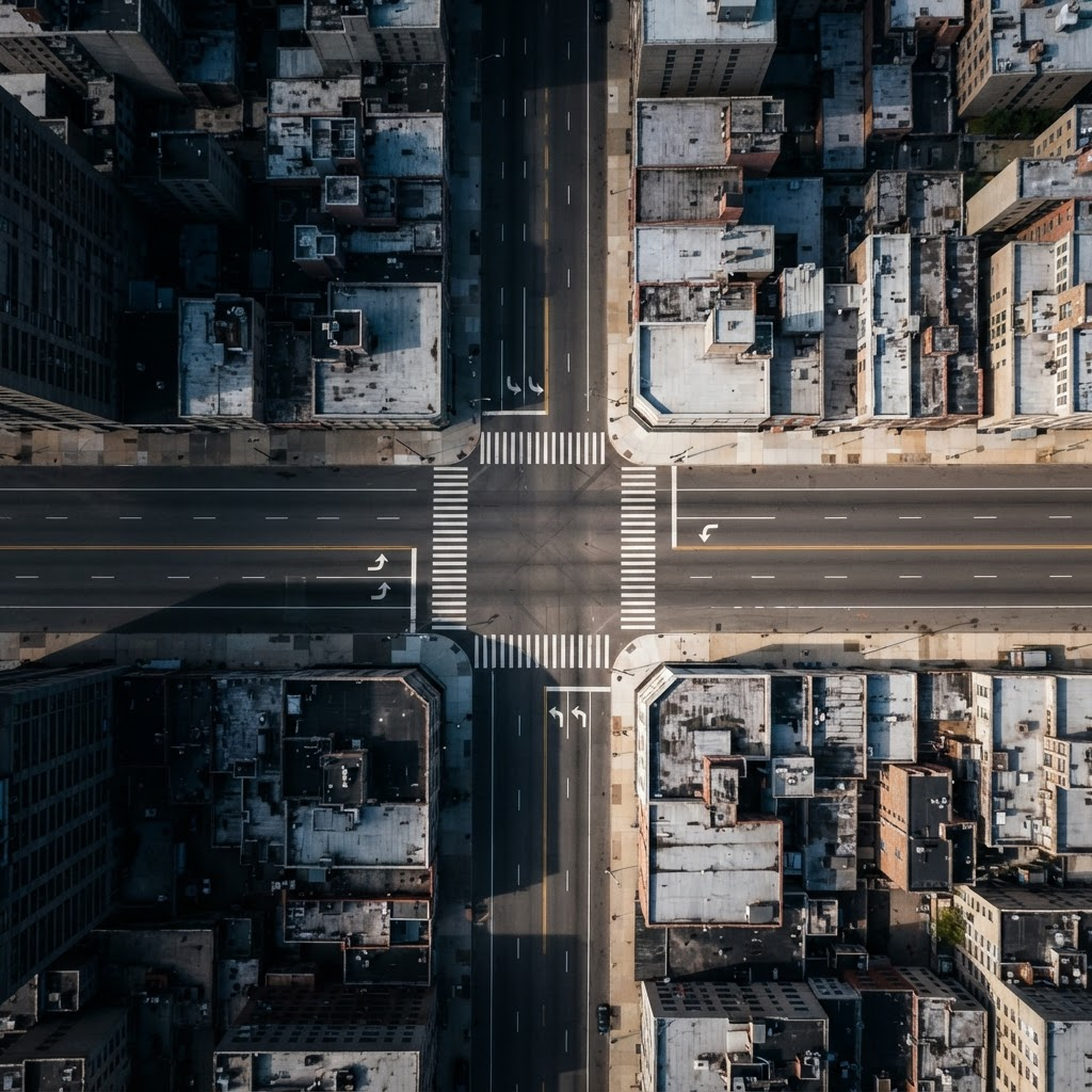 Aerial view of a city crossroads representing a career decision point