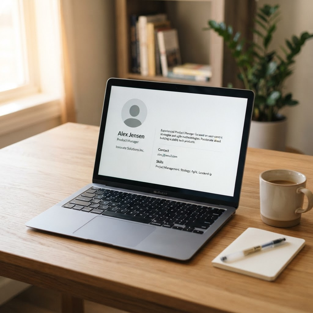 Laptop on a desk showing a professional profile page