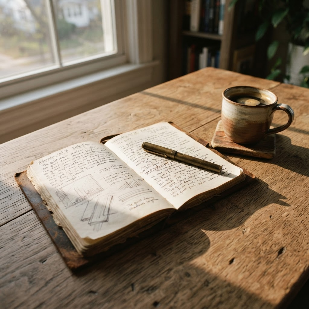Open notebook on a wooden desk with a pen and coffee, morning light from a window
