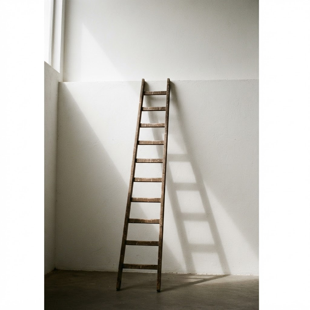 A ladder leaning against a blank wall leading to nothing