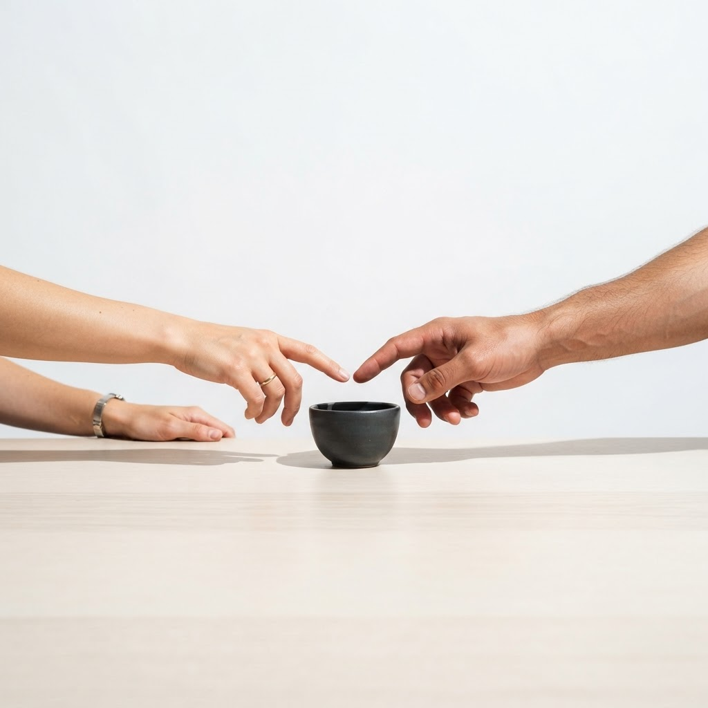 Two hands reaching toward each other across a gap on a clean white surface