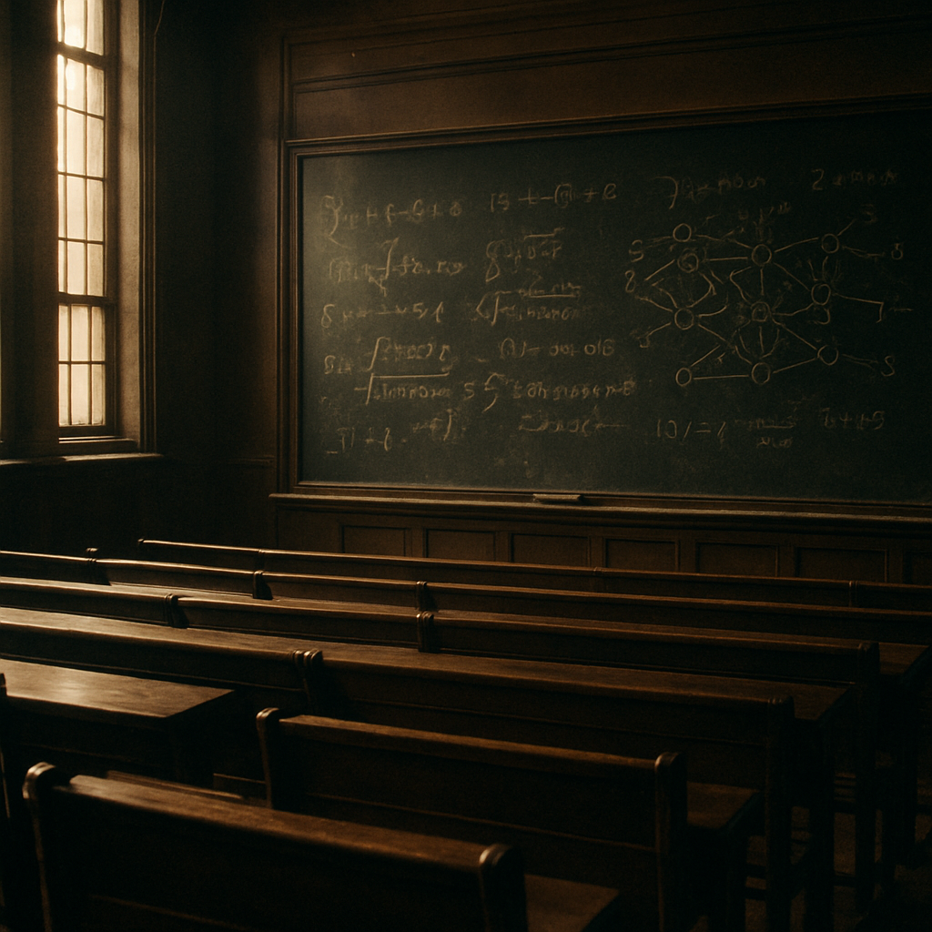 University lecture hall with AI equations on a blackboard