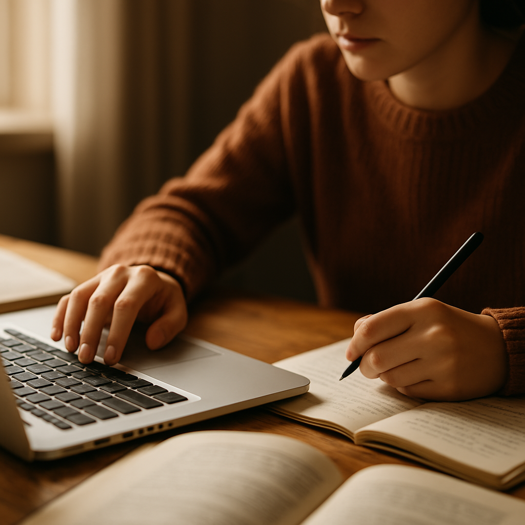 Student studying at a laptop with books and notes