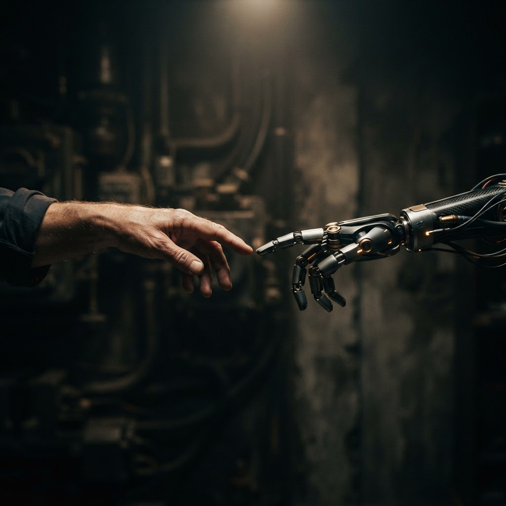 Human and robotic hands almost touching, representing the contrast between human and artificial intelligence