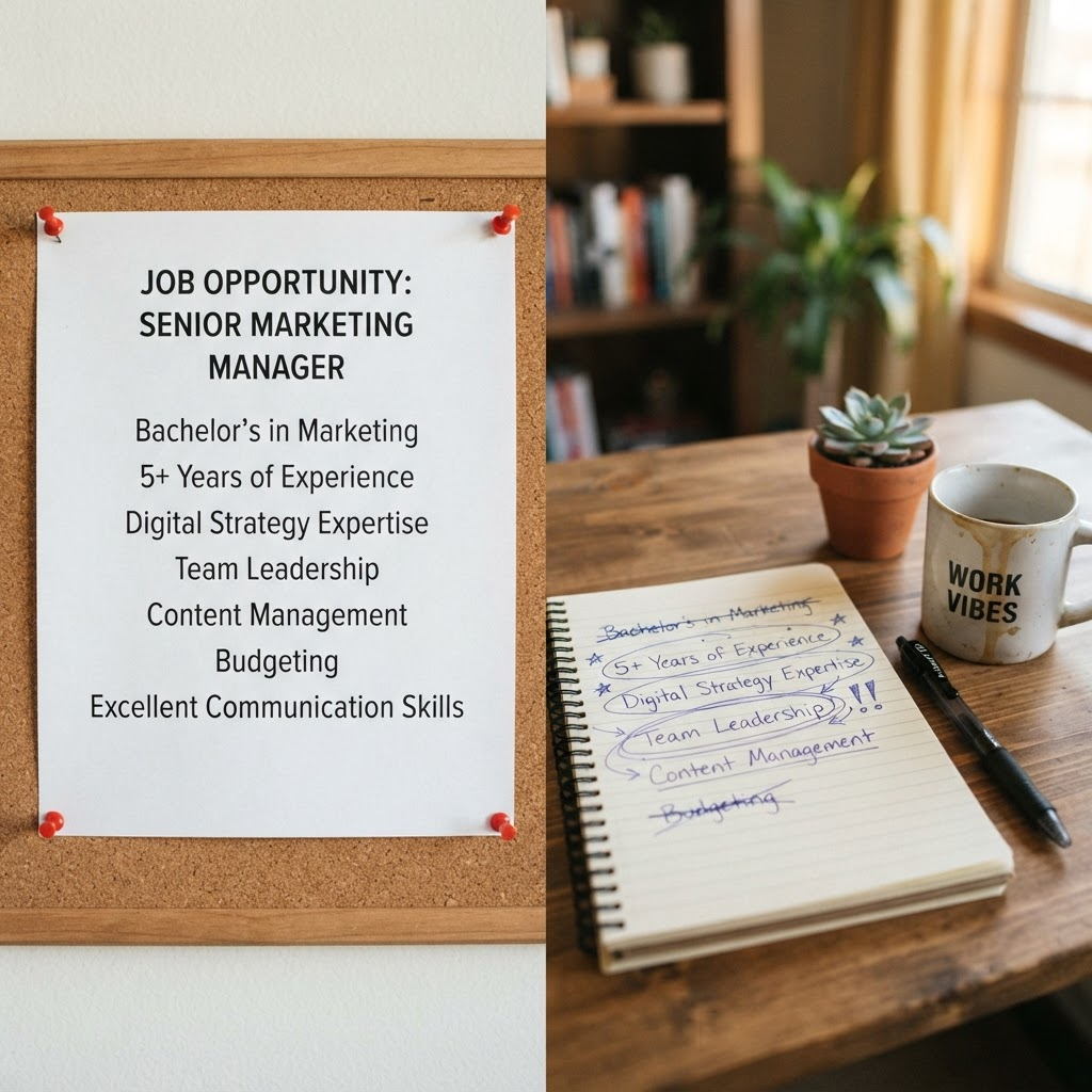Job description printout next to a handwritten notepad with circled priorities