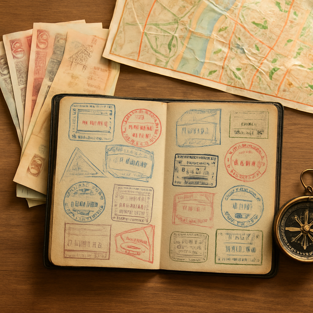 Passport, foreign currency and maps on a wooden table