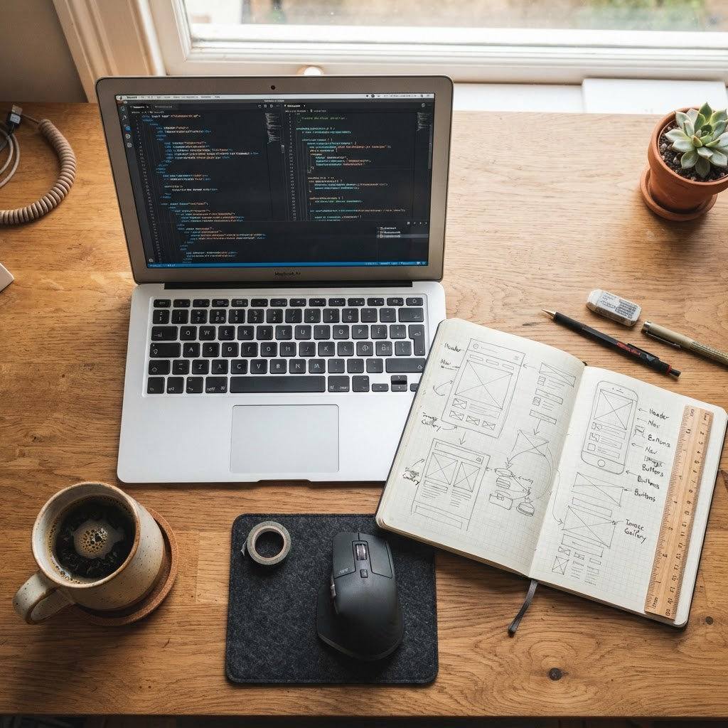 Maker's desk with laptop showing code, sketched wireframes, pencils and coffee