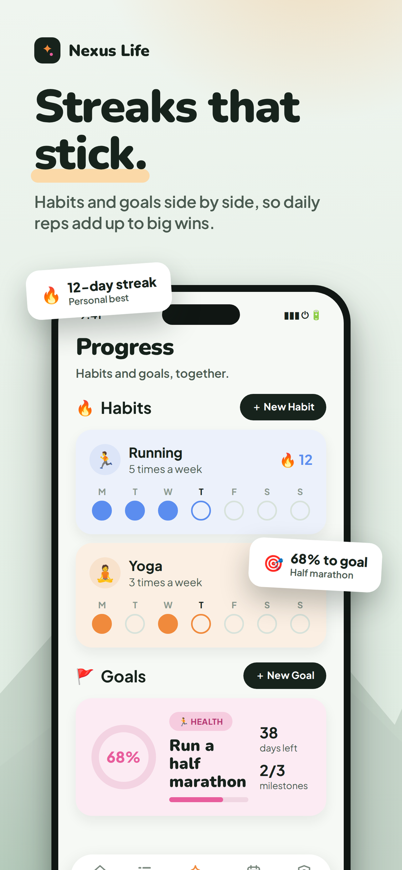 Nexus Life progress view showing habit streaks and goal completion