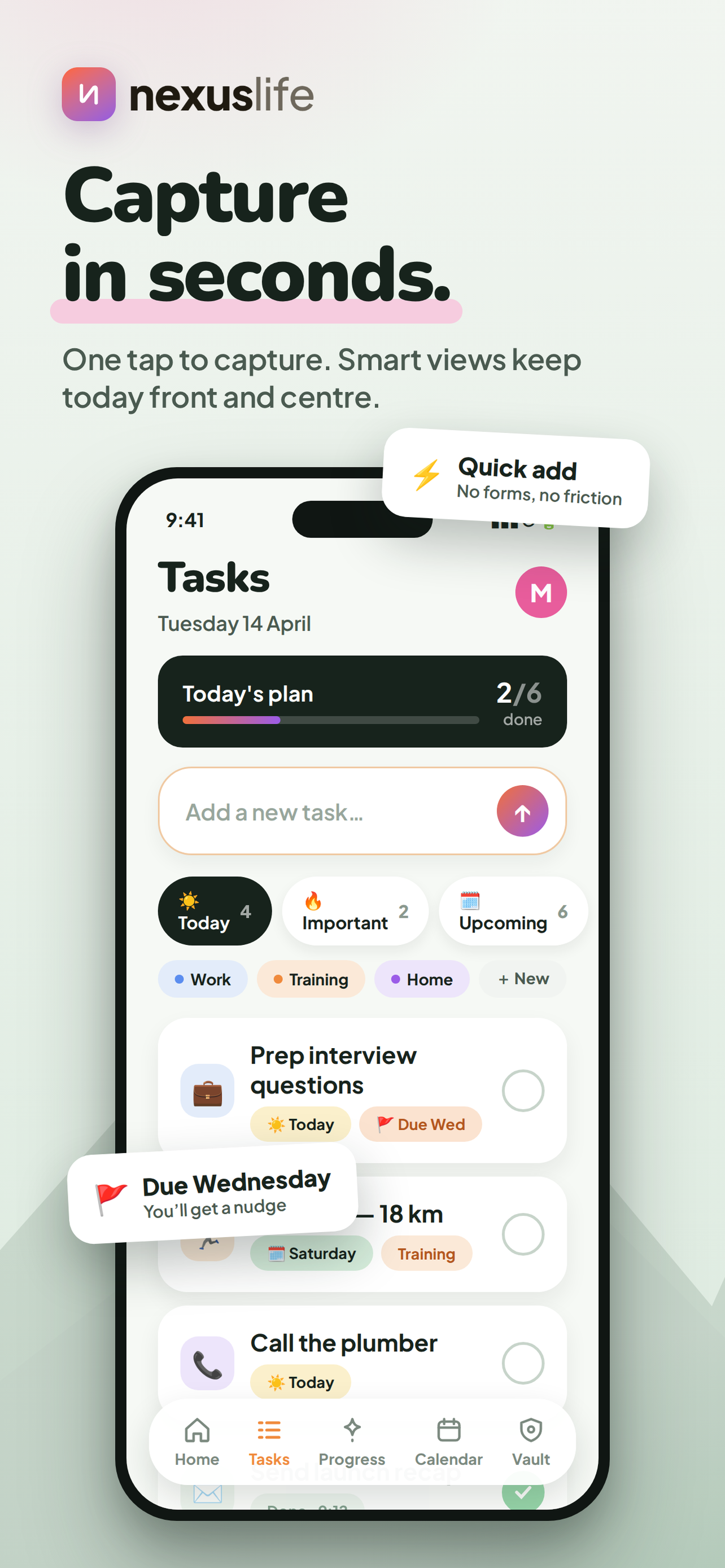 Nexus Life tasks view with quick add and today's plan