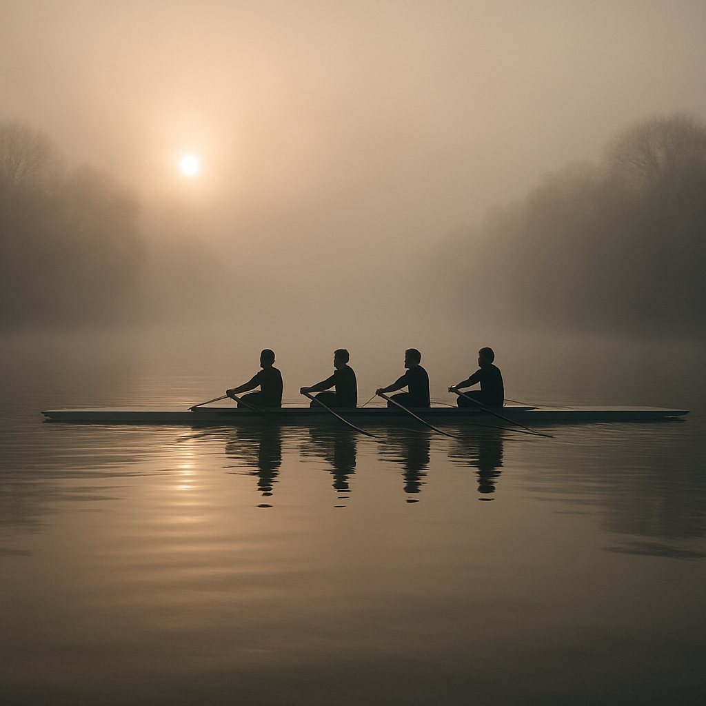 Rowers on a misty river
